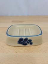 Soap Dish Pottery Ceramic Country Rustic Tan Blue Trim Bathroom Kitchen - £11.84 GBP