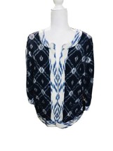 CHICO&#39;S Shirt Top  Geometric Art Print Blue White Sz 2 Large Boho Pullover - $15.87