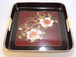 Vintage Japanese Black Lacquer Tray 11 X 11 X 1 Peony Flowers Gold Brown Sparkle - £15.12 GBP