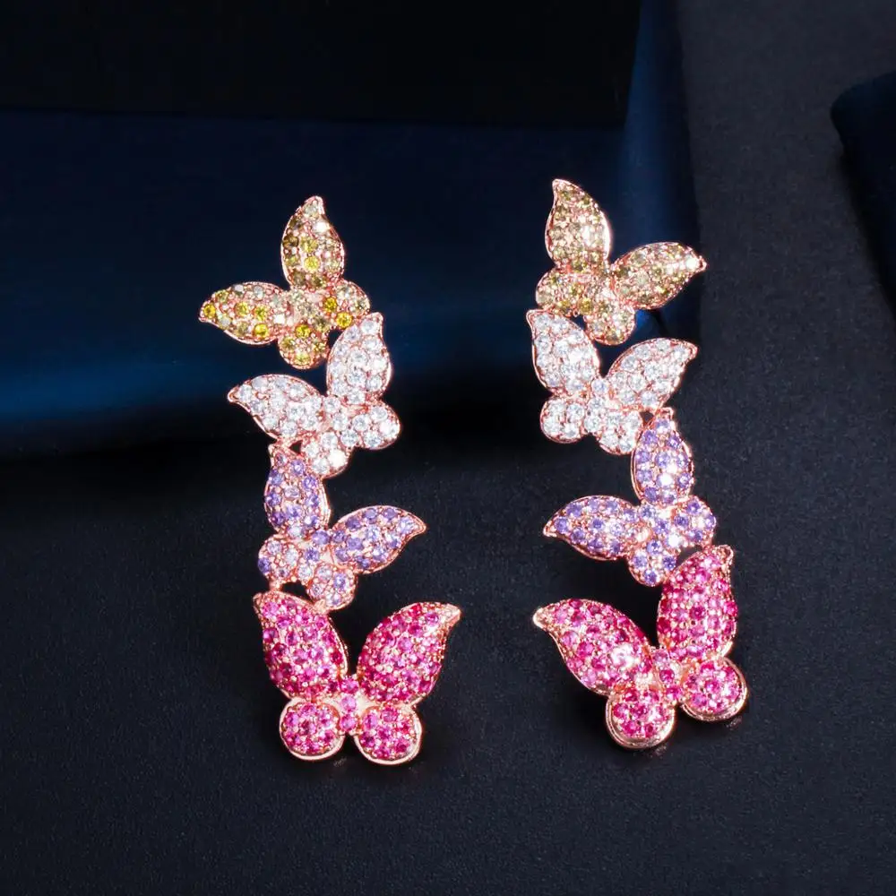 Lovely Rose Gold Color Purple Red CZ Zircon Butterfly Drop Dangle Earrings for W - £11.78 GBP
