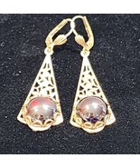 Copper Tone Floral Filigree Design Garnet Colored Cabochon Lever Back Ea... - $185.62 MXN
