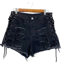 Shein Womens XS Denim Shorts Distressed Destroyed Lace Tie Sides Rave Black - £11.58 GBP