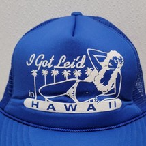 Vintage I Got Lei&#39;d in Hawaii Palm Trees Bikini Girl Blue Mesh Snapback ... - $19.70