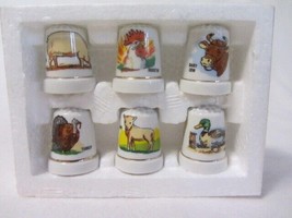 PORCELAIN THIMBLE SET OF 6 FARM ANIMALS LAMB COW ROOSTER PIG DUCK TURKEY... - £8.52 GBP