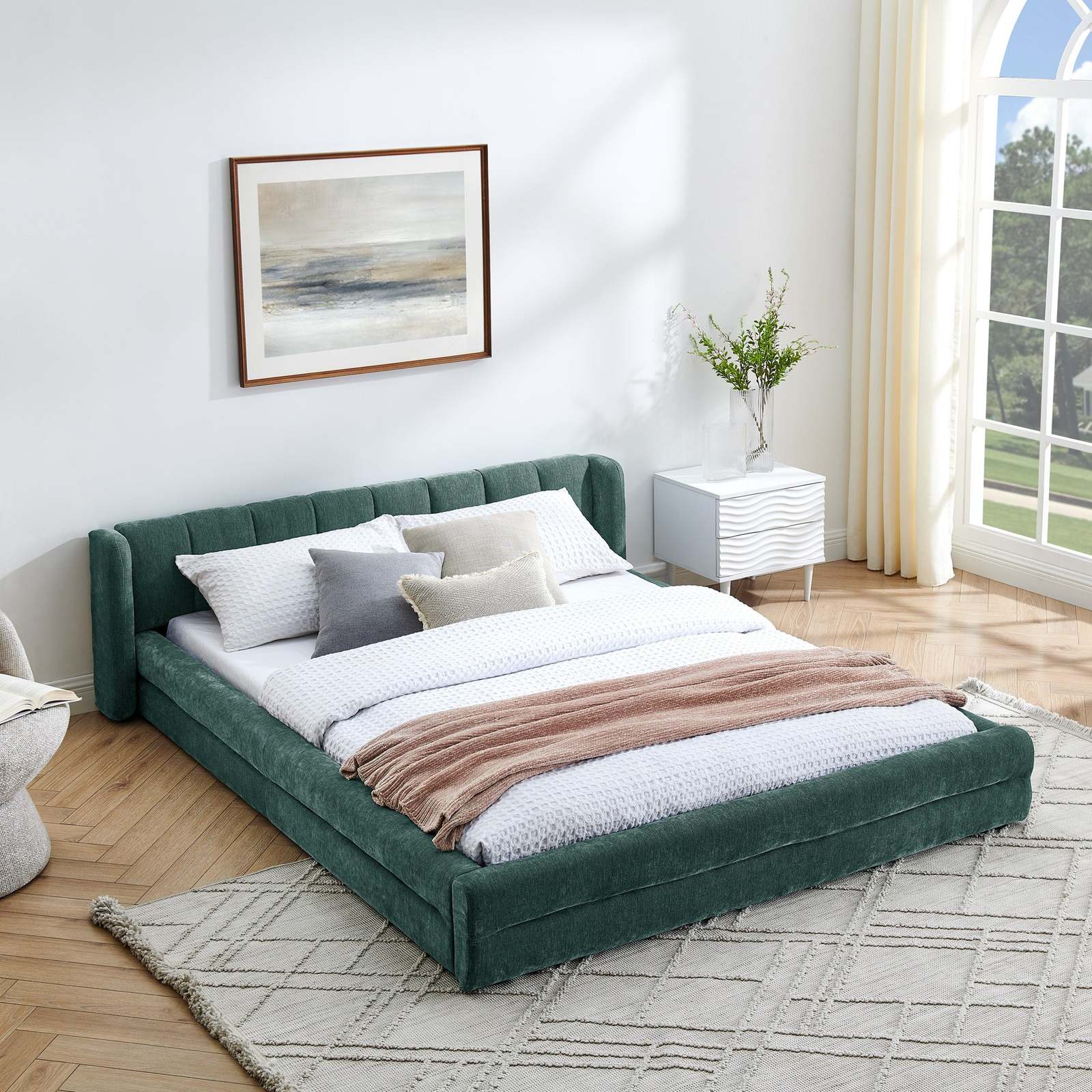 Modern Queen Upholstered Bed Frame, Chenille Blue-Green Headboard Item image 2