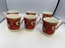 222 Fifth Summer Botanical / Lutece Fleur Rouge Red Mugs Set of 6 - £47.01 GBP