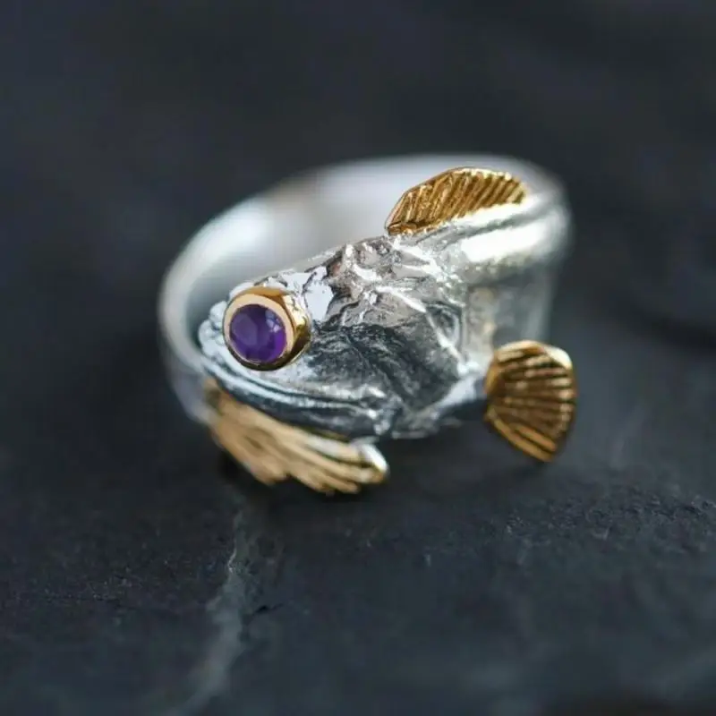 Vintage Open Adjustable Ring for Women Men Creative Lucky Purple Eye Fish Ring G - £13.70 GBP