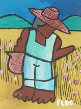 Flor Naive Art Original Painting Primitive Agriculture Farmer Cotton Negro Black - £47.19 GBP