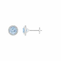 Natural Aquamarine Round Halo Earrings with Diamond in 14K Gold (Grade-AA , 6MM) - £715.38 GBP