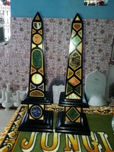 Two Marble Obelisk Pietra Dura Mosaic Art Handmade Work Luxury Personalized Gift - £1,544.73 GBP