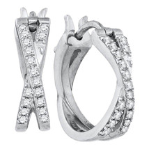 10k White Gold Womens Round Pave-set Diamond Double Row Crossover Hoop Earrings - $559.00