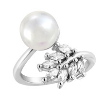 Precious Olive Embrace CZ &amp; White Pearl Bypass Sterling Silver Adjustable Ring - £15.49 GBP