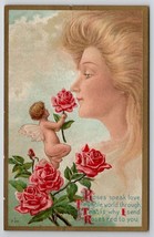 Cupid &amp; Beautiful Woman&#39;s Face In Clouds Fantasy Series 57 Emb #1 Postcard O30 - £7.55 GBP