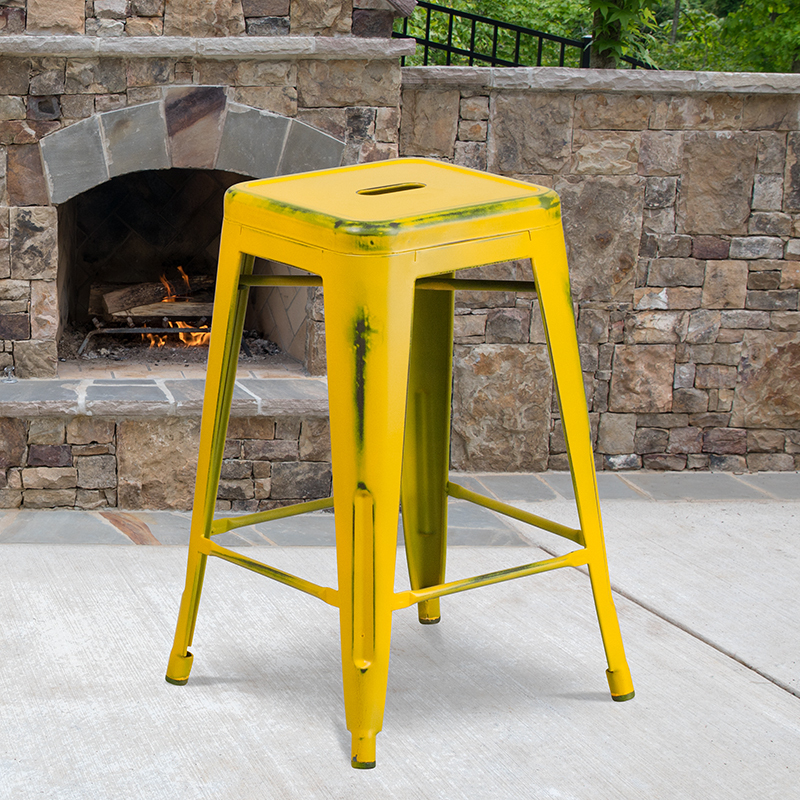 Distressed Yellow Metal Stool ET-BT3503-24-YL-GG