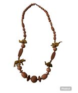 Vintage Hand Carved Wooden Animal Bead Necklace Elephant Bird Boho Triba... - $16.20