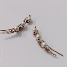 VTG Faux Seed Pearl Gold Tone Bead Earrings Long Curved Wire Wrap Dainty Elegant - £8.54 GBP
