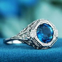 Natural London Blue Topaz Vintage Style Filigree Ring in Solid 9K White Gold - £440.71 GBP