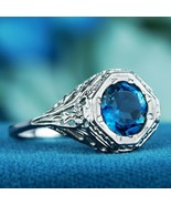 Natural London Blue Topaz Vintage Style Filigree Ring in Solid 9K White ... - £431.50 GBP