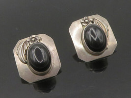 CAROL FELLEY 925 Silver - Vintage Black Onyx Floral Motif Drop Earrings - EG9220 - £86.77 GBP