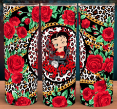 Biker Betty Boop Red Roses and Gold Chain Cheetah Print Cup Mug Tumbler 20oz - £15.77 GBP