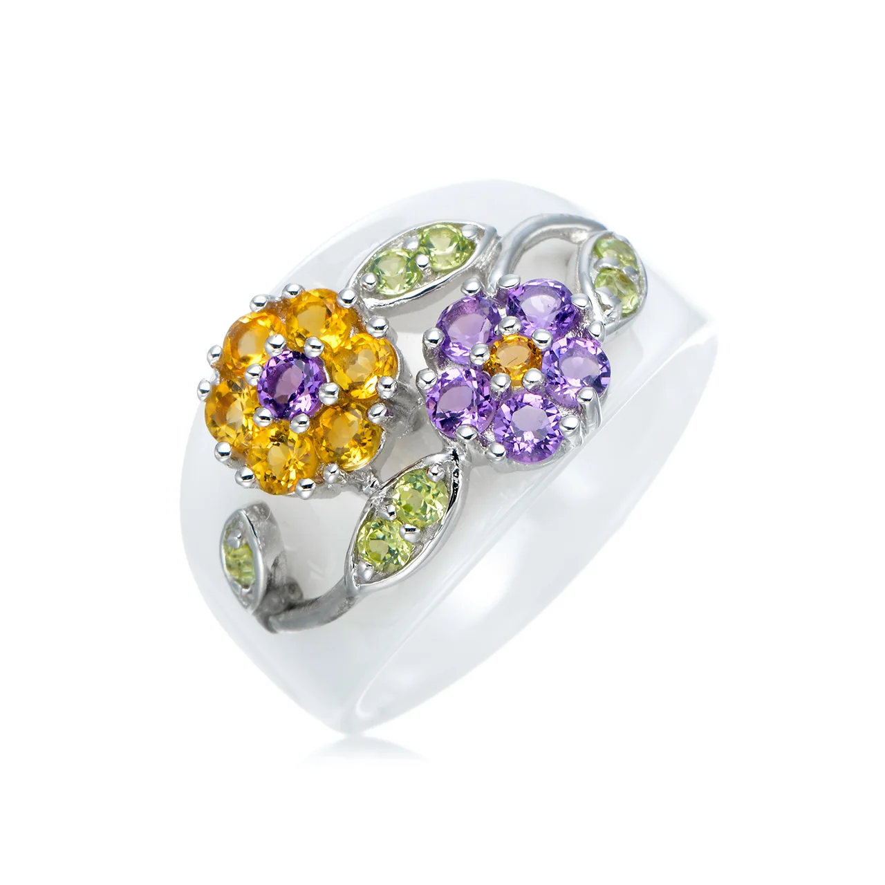 Citrine and Peridot and Amethyst , Rhodium Over Sterling Silver Flower Ring 1.02 - £58.46 GBP