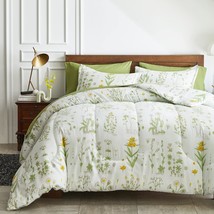 7 Piece Botanical Bed In A Bag Queen, Green Leaves Yellow Flower On Green Tint,  - £70.32 GBP