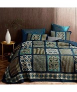3pc. Navy Blue Yellow Patchwork Cotton Queen Size Handmade Quilt Cover Set - £167.55 GBP