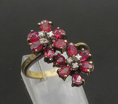 14K GOLD - Vintage Genuine Diamonds &amp; Red Topaz Floral Band Ring Sz 8 - GR245 - £308.71 GBP
