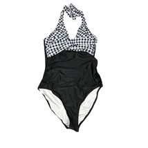 Womens Swimsuit Large Black and White Gingham Halter Tie Deep V Neck One... - $21.99