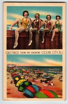 Greetings From Ocean City New Jersey Postcard Ladies Beach Umbrellas Linen 1944 - £46.47 GBP