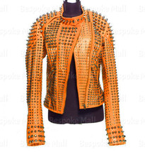 New Woman&#39;s Orange Silver Spiked Studded Unique Cowhide Biker Leather Ja... - £368.30 GBP