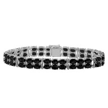14K White Gold Plated Oval Cut Black Simulated Double Row Tennis Bracelet 7.5&quot; - £124.72 GBP