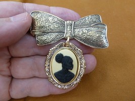 CA10-141 RARE African American LADY black ivory CAMEO brass bow drop Pin Pendant - £26.86 GBP