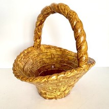 1970s Ceramic Wicker Basket Brown Yellow Twist Handle - £21.59 GBP