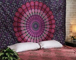 Indian Wall Hanging Hippie Tapestry Bed Sheet Magenta &amp; Purple Mandala 84&quot; - £14.13 GBP