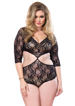 Floral lace deep-V cut out teddy with full back panty PLUS SI BLACK - £30.63 GBP