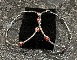 Pair of Silver Tone 9” Bangle Bracelets w/Shimmery Red Bead Accents - £7.33 GBP