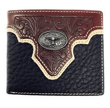Western Genuine Leather Floral Tooled Longhorn Concho Mens Short Bifold Wallet - £19.97 GBP