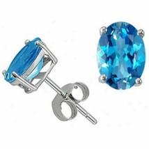 14K White Gold 3.50 CT 8X6MM Genuine Blue Topaz Oval Shape Push Stud Earrings - $139.32