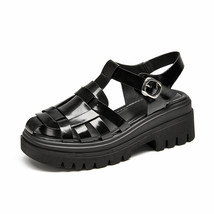 Gladiator Sandals Platform Women Cow Leather Woven Design T-Strap Wedges Retro S - £97.89 GBP
