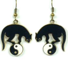 Dangle Earrings Enamel Black Kitty Cat on Yin Yang Symbol - $16.00