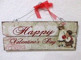 Vintage Style Valentines Day Small Children Hanging Wood Sign Decor 13&quot; Wide - £15.79 GBP