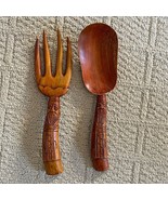 Vtg Large Carved Wooden Fork &amp; Spoon Serving Salad Set Utensils Asian Ma... - £10.22 GBP