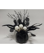 Happy Halloween 3 White Skeleton Skull on Black Pumpkin Sculpture Table ... - $473.24 MXN