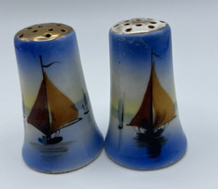 Salt and Pepper Shakers Blue Background on Ocean Sailboats Hand Painted ... - $15.85
