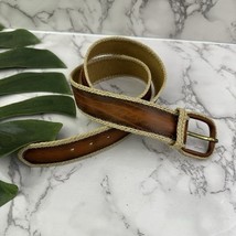 Womens Vintage 70s Leather Woven Trim Belt Size S Brown Cream Western Boho - $23.75