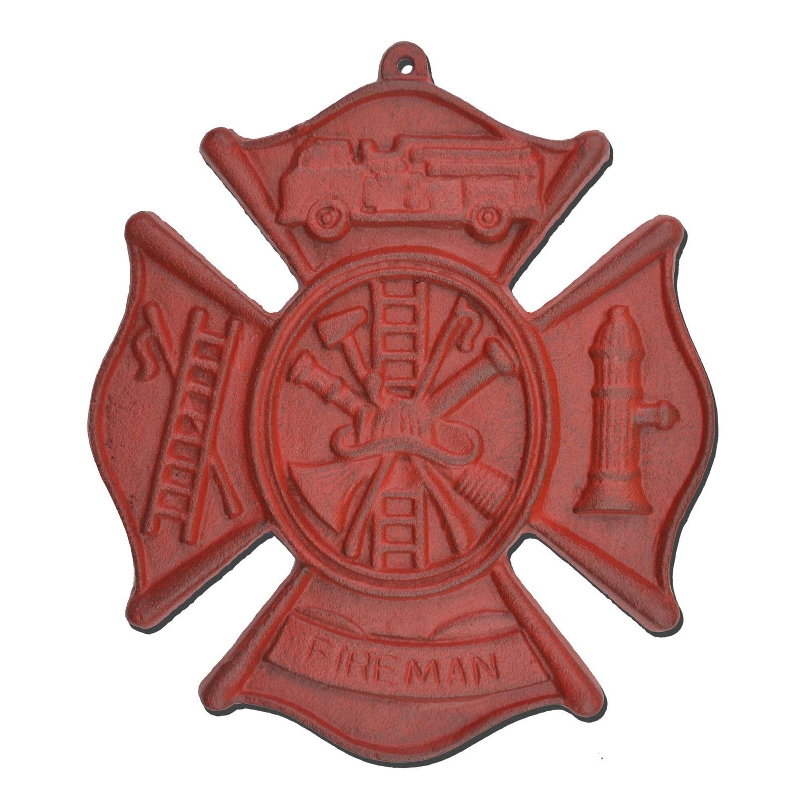 Firefighting Firemans Cross Hanging Wall Plaque Red Cast Iron Maltese 7.75" W - $18.37