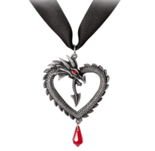 Alchemy Gothic Vouivre Dragon Heart Pendant Red Crystal Ribbon/Chain Choker P968 - £46.53 GBP