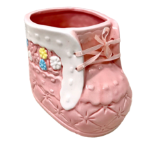 Napco Vintage 90&#39;s Ceramic Pink Quilted Floral Baby Girl Bootie Nursery Planter - £11.98 GBP