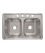 Top Mount Stainless Steel Double Basin Kitchen Sink 33" x 22" x 8" Deep - $58.41
